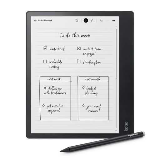 Black Kobo Elipsa 2E front view with black Kobo Stylus 2.