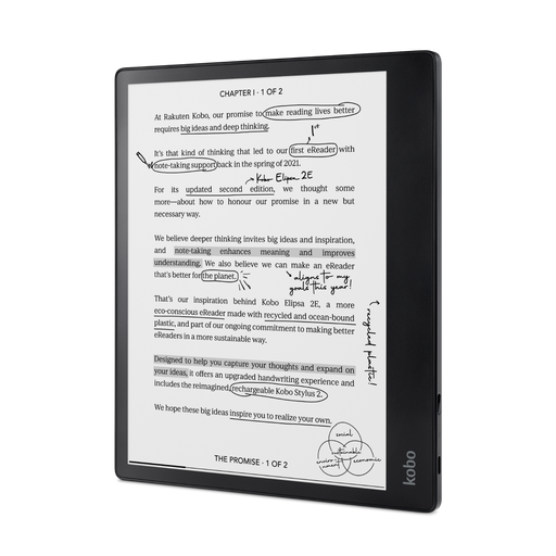 Black Kobo Elipsa 2E angled front view.